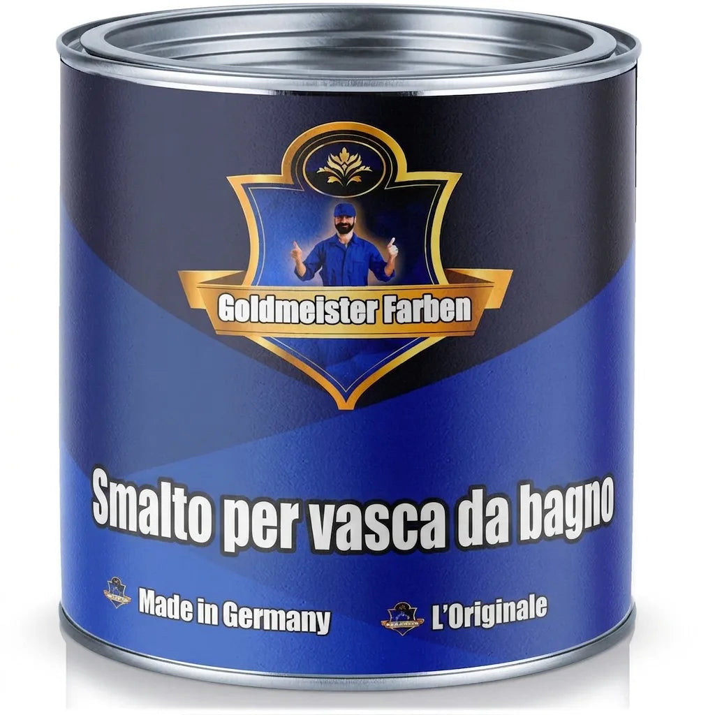 Lattina blu di smalto per vasca Goldmeister Farben. Etichetta con uomo che fa il pollice in su e testo “Badewannenlack”.