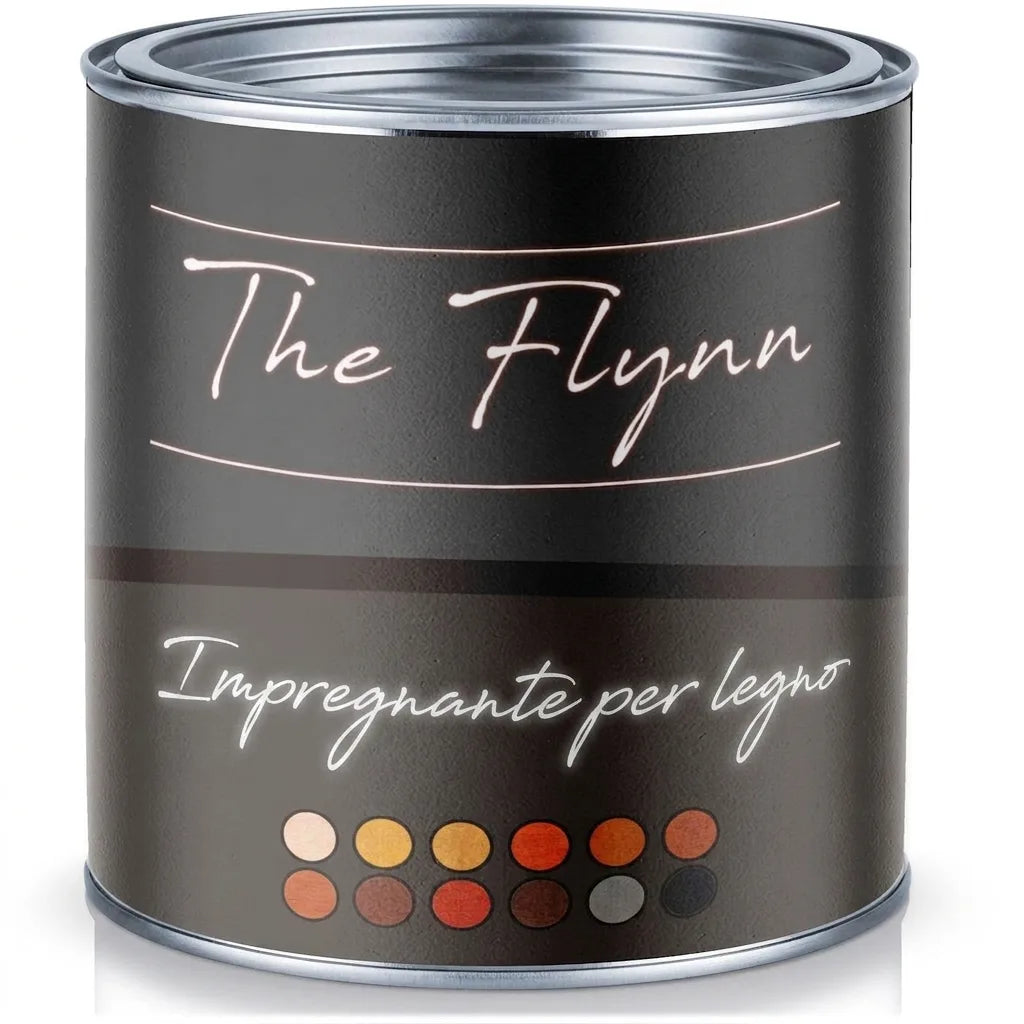 Lattina di vernice nera con etichetta 'The Flynn Holzglasur' e palette di colori.