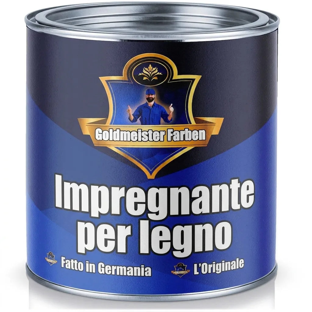 Lattina di vernice blu Goldmeister Farben per legno, Made in Germany, L'Originale, con uomo che fa il pollice in su.