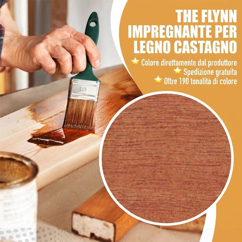 Tinta per legno Flynn color castagno applicata con pennello, con campione texture. Include benefici e tonalità.