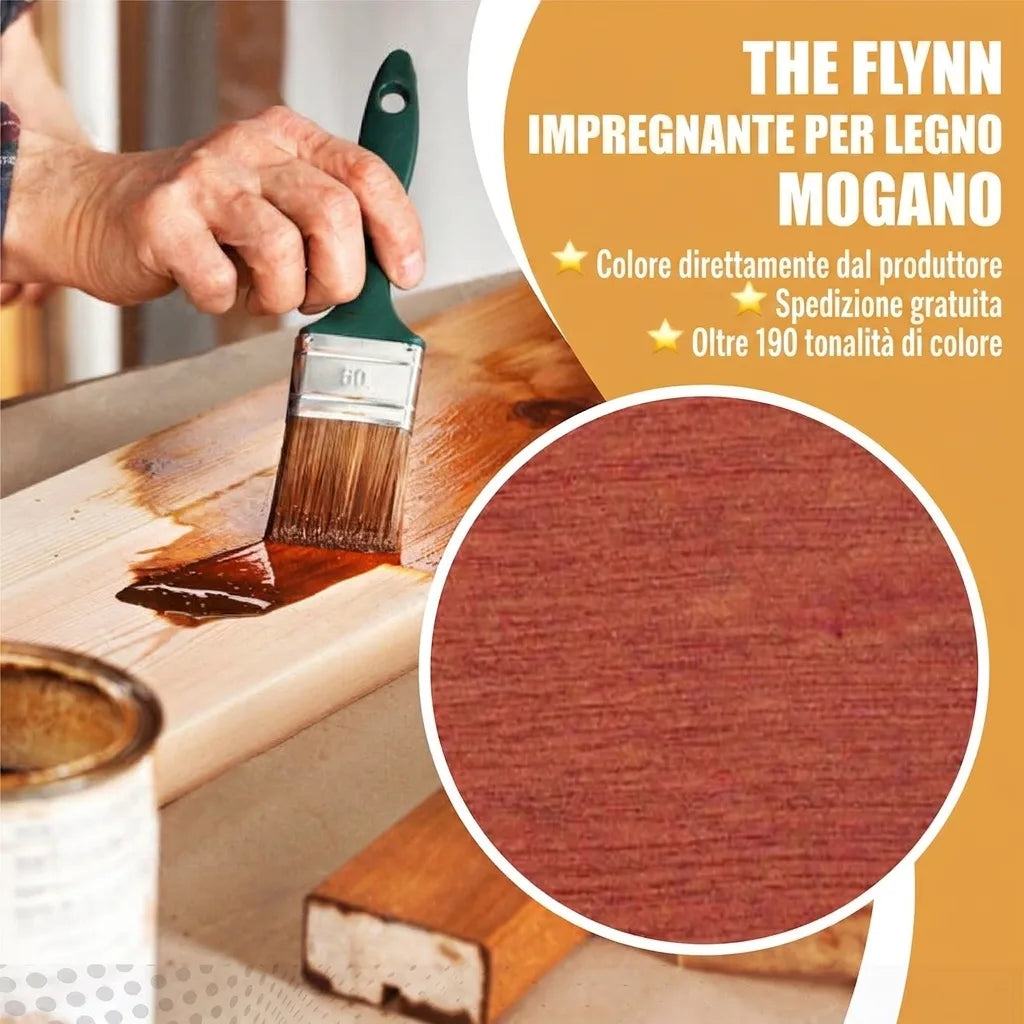 Mano che applica impregnante per legno mogano The Flynn. Include campione colore e dettagli.