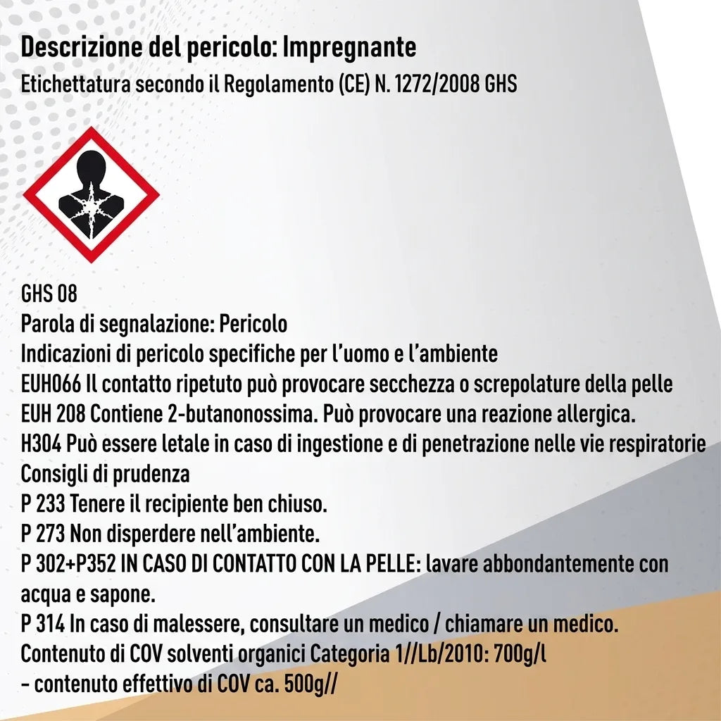 Etichetta di sicurezza tedesca per velatura/impregnante, con avvertenze GHS e istruzioni d'uso.