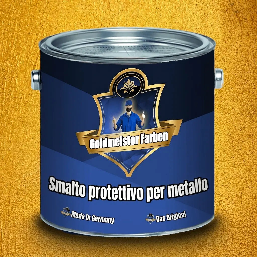 Lattina di vernice protettiva per metallo Goldmeister Farben con uomo che fa il pollice in su su sfondo dorato.