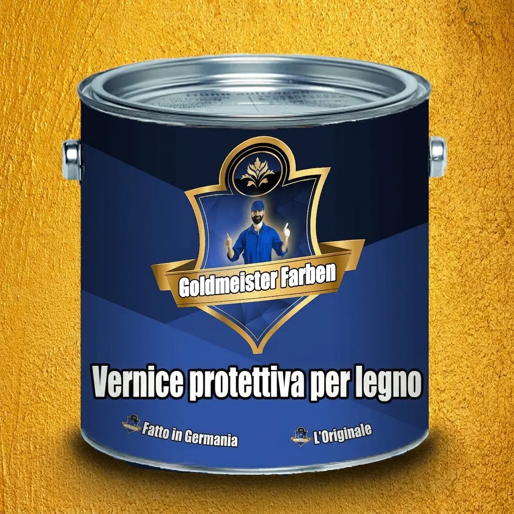 Barattolo di vernice blu Goldmeister Farben per la protezione del legno, etichetta dorata con logo e figura di operaio.