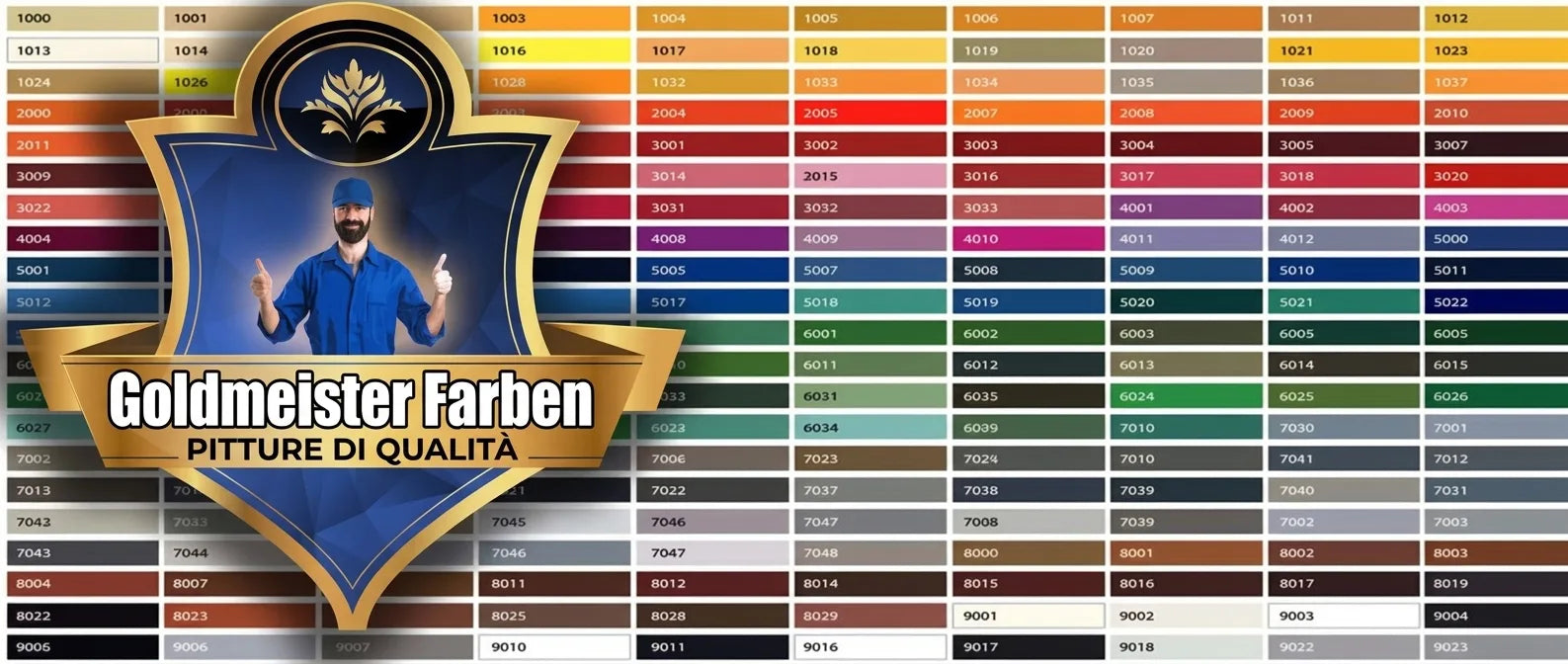 Campione di colori RAL Goldmeister Farben con centinaia di tonalità e relativi codici numerici, presentato da un logo.