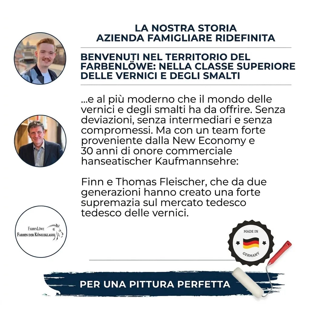 Storia di FarbenLöwe, azienda familiare tedesca di vernici premium, con Finn e Thomas Fleischer. Qualità Made in Germany.