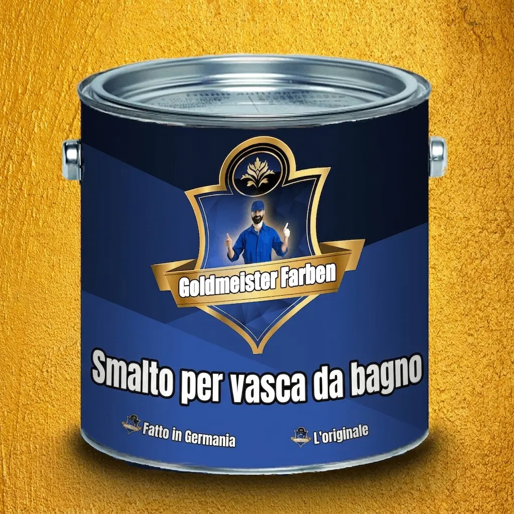 Lattina di vernice blu Goldmeister Farben per vasche da bagno, con etichetta dorata e scritta in tedesco.