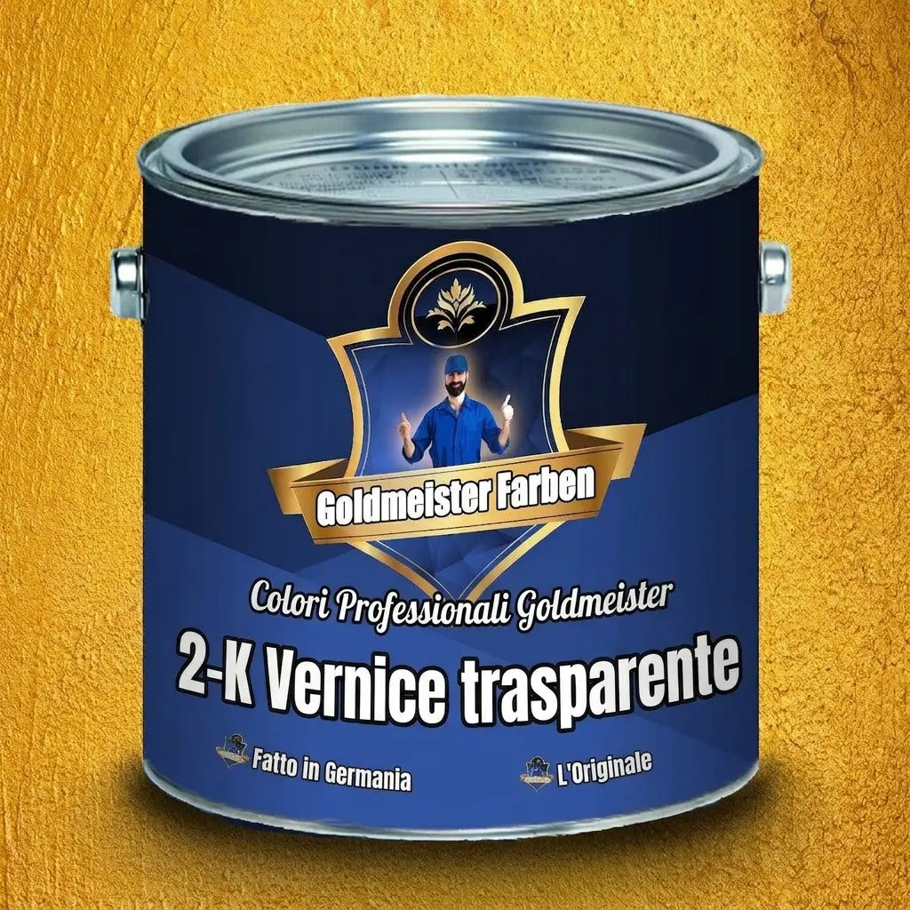 Lattina di vernice trasparente 2-K Goldmeister Farben "Das Original", Made in Germany, su sfondo oro testurizzato.