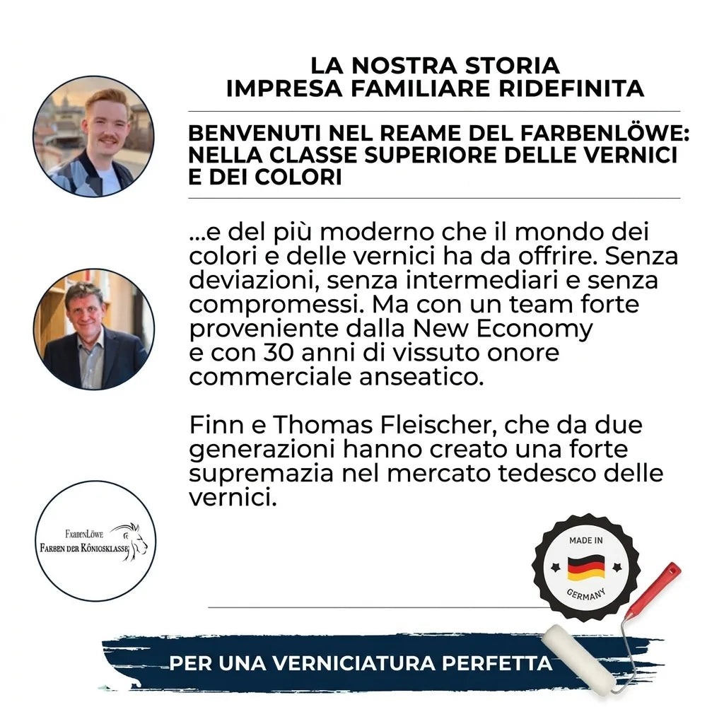 Storia di Farbenlöwe, azienda tedesca di vernici, con foto di Finn e Thomas Fleischer. Offre vernici di classe reale, Made in Germany.