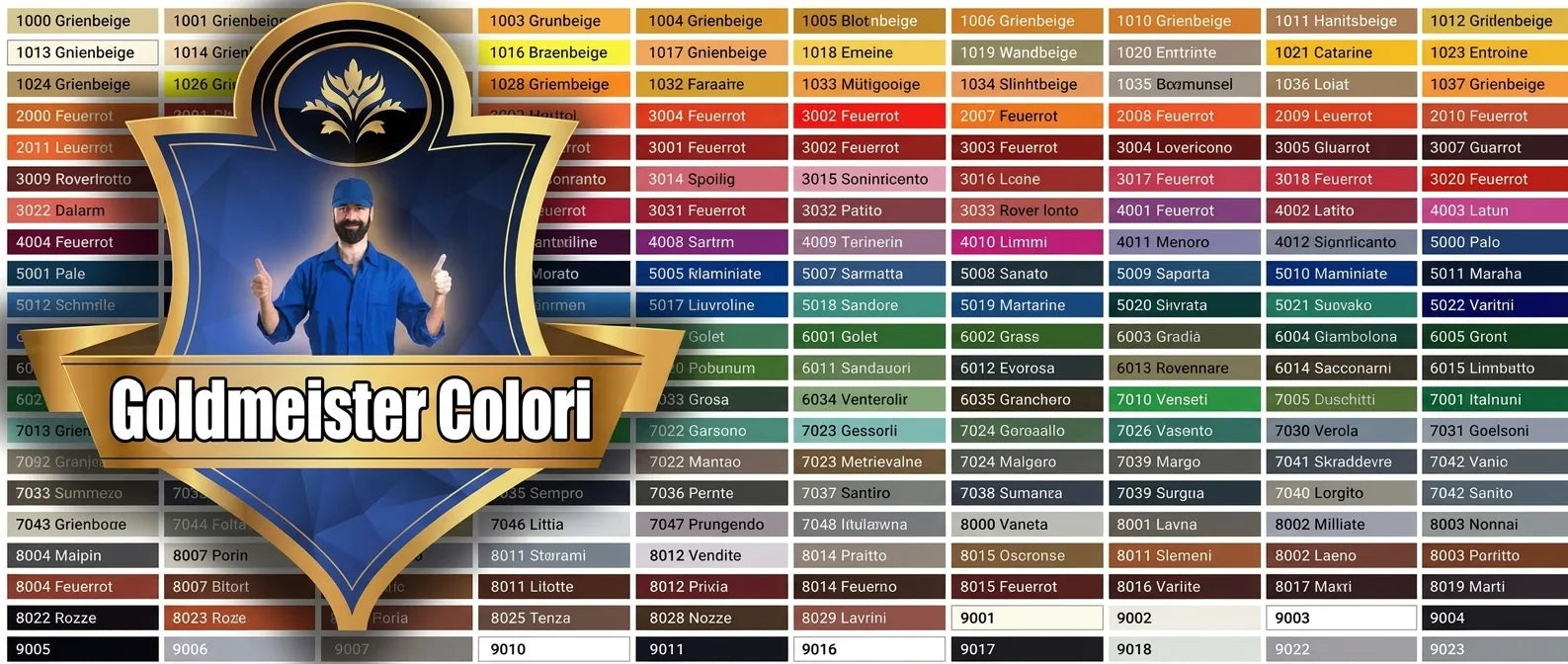 Tabella colori Goldmeister Farben con codici RAL e una persona sorridente che mostra le tonalità.