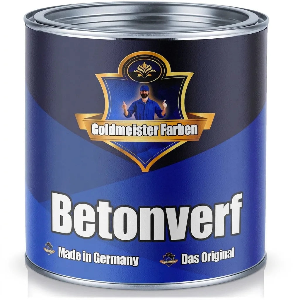 Blauw blik Goldmeister Betonfarbe (betonverf), met opschrift Made in Germany en Das Original.