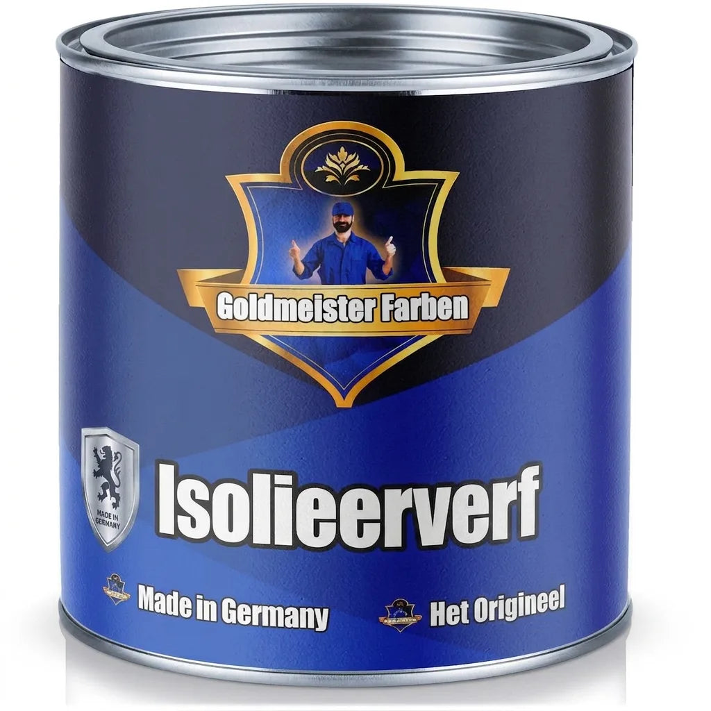 Blauw blik Goldmeister Farben isolerende verf met een man die duimen opsteekt en de tekst 'Isolierfarbe' en 'Made in Germany'.