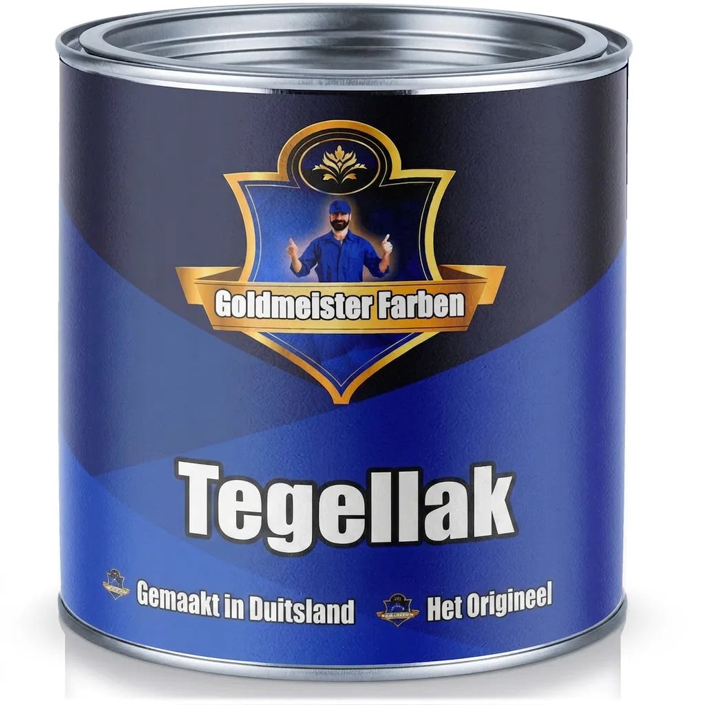 Blauwe verfbus van Goldmeister Farben met ‘Fliesenlack’ voor tegels, ‘Made in Germany’ en ‘Das Original’.