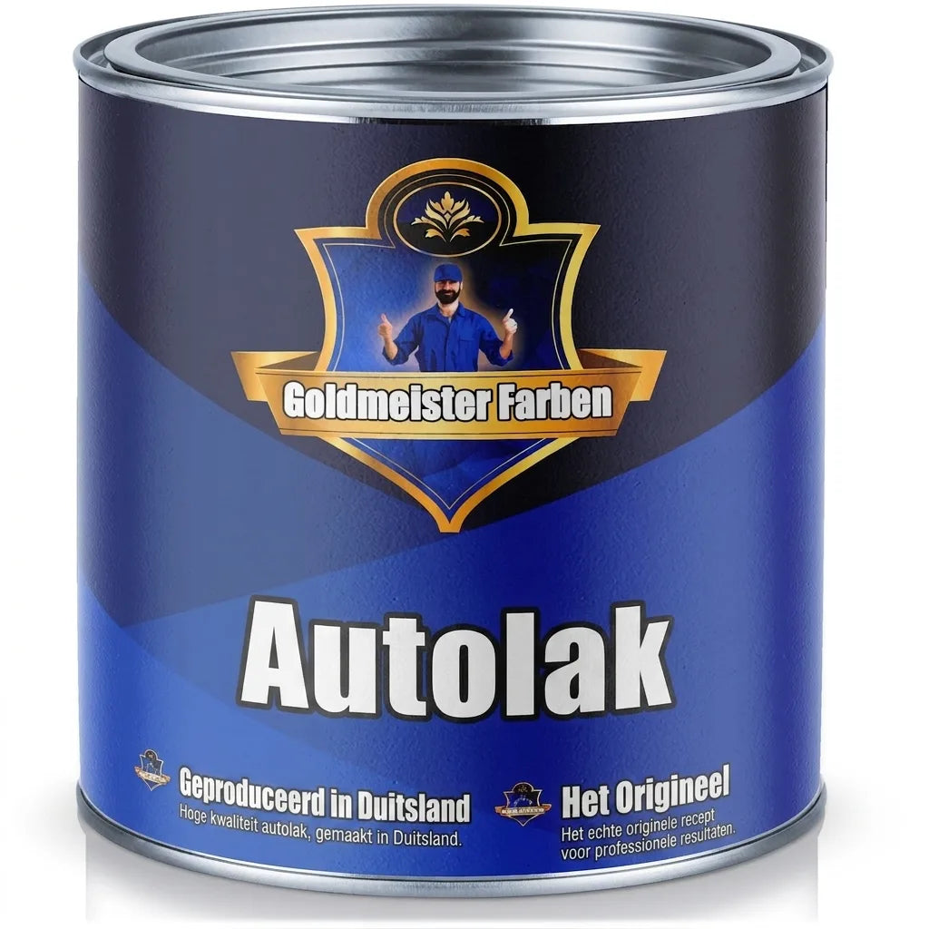Blauwe Goldmeister Autolak verfbus met man in uniform, 'Gemaakt in Duitsland' en 'Het Origineel'.