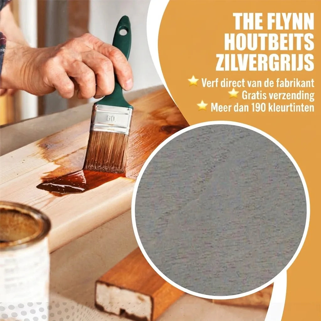 Hand brengt The Flynn houtbeits zilvergrijs aan op hout, met cirkelmonster van de kleur en promotietekst.