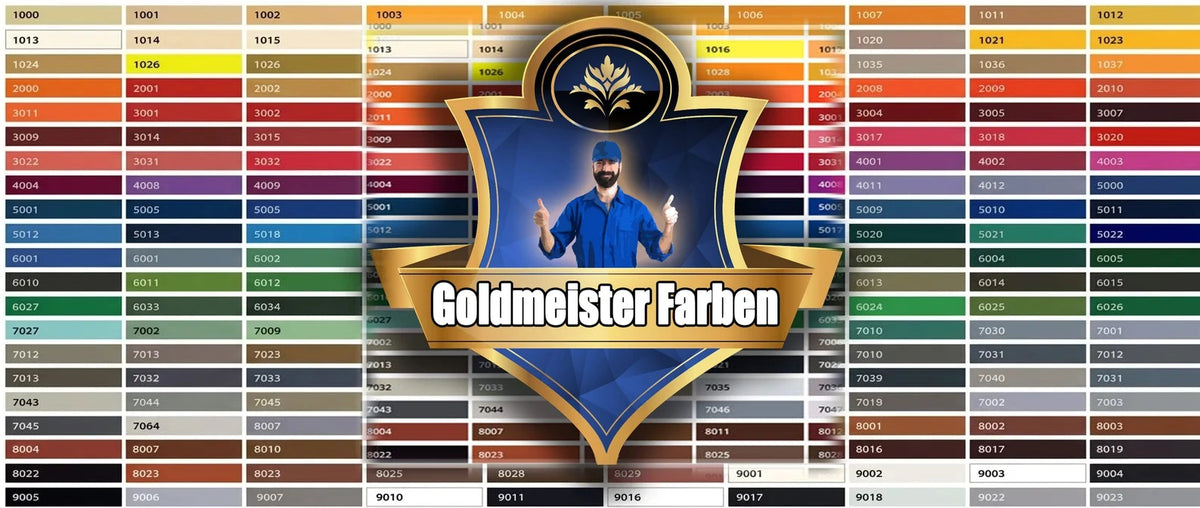 Goldmeister Farben uitgebreide RAL-kleurenkaart met veel verfkleuren en prominent merklogo met lachende man.