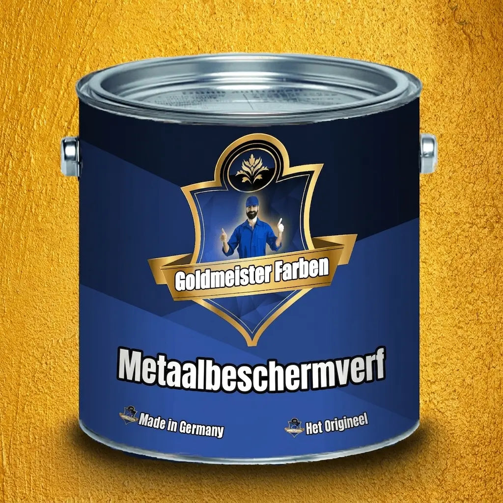 Blauw verfblik op gouden achtergrond met Goldmeister Farben merklabel, Metaalbeschermingsverf, Gemaakt in Duitsland.
