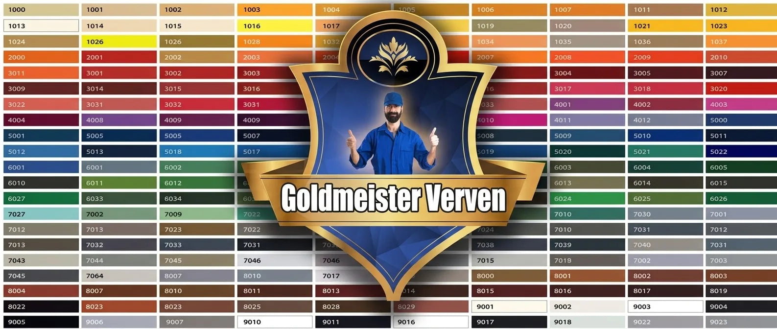 Goldmeister Farben uitgebreide RAL-kleurenkaart met veel verfkleuren en prominent merklogo met lachende man.