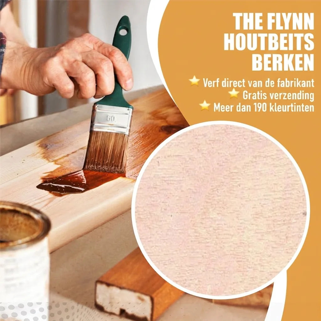 The Flynn Berken houtlasuur toegepast met een kwast op hout. Inclusief kleurstalen. Direct van fabrikant, gratis verzending.