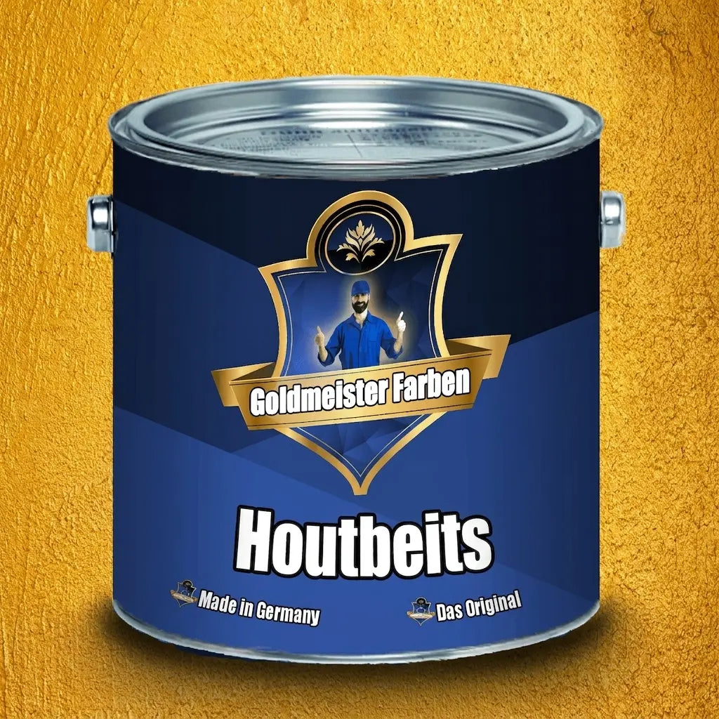 Blauw Goldmeister Farben houtbeits blik tegen gouden muur. Met 'Made in Germany' en 'Das Original'.