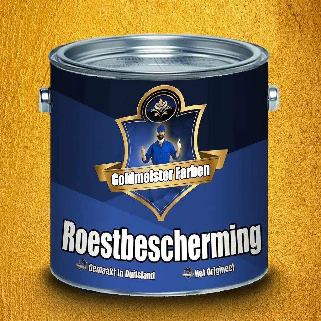 Blauw verfblik Goldmeister Farben Rostschutz met een man in uniform, tekst 'Made in Germany' op gouden achtergrond.