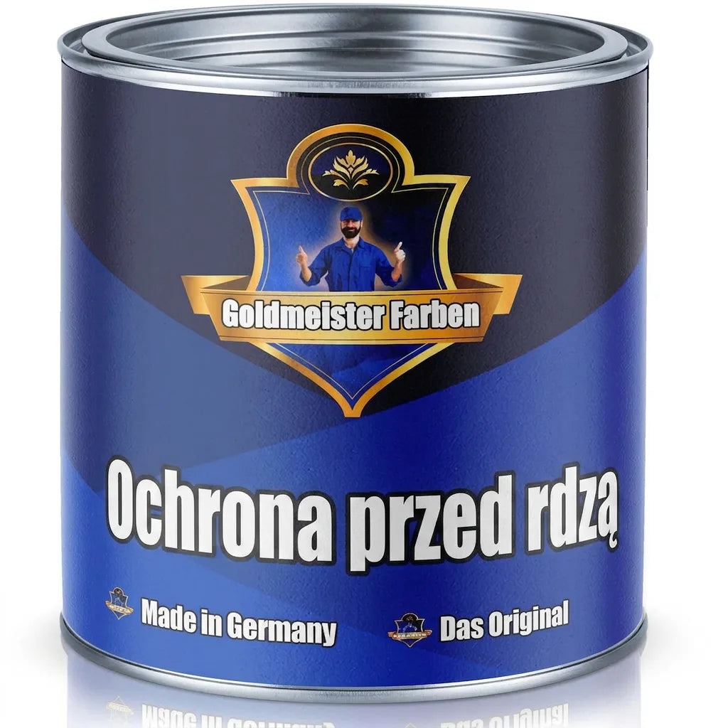 Niebieska puszka farby antykorozyjnej Goldmeister Farben, z napisem "Made in Germany" i "Das Original".