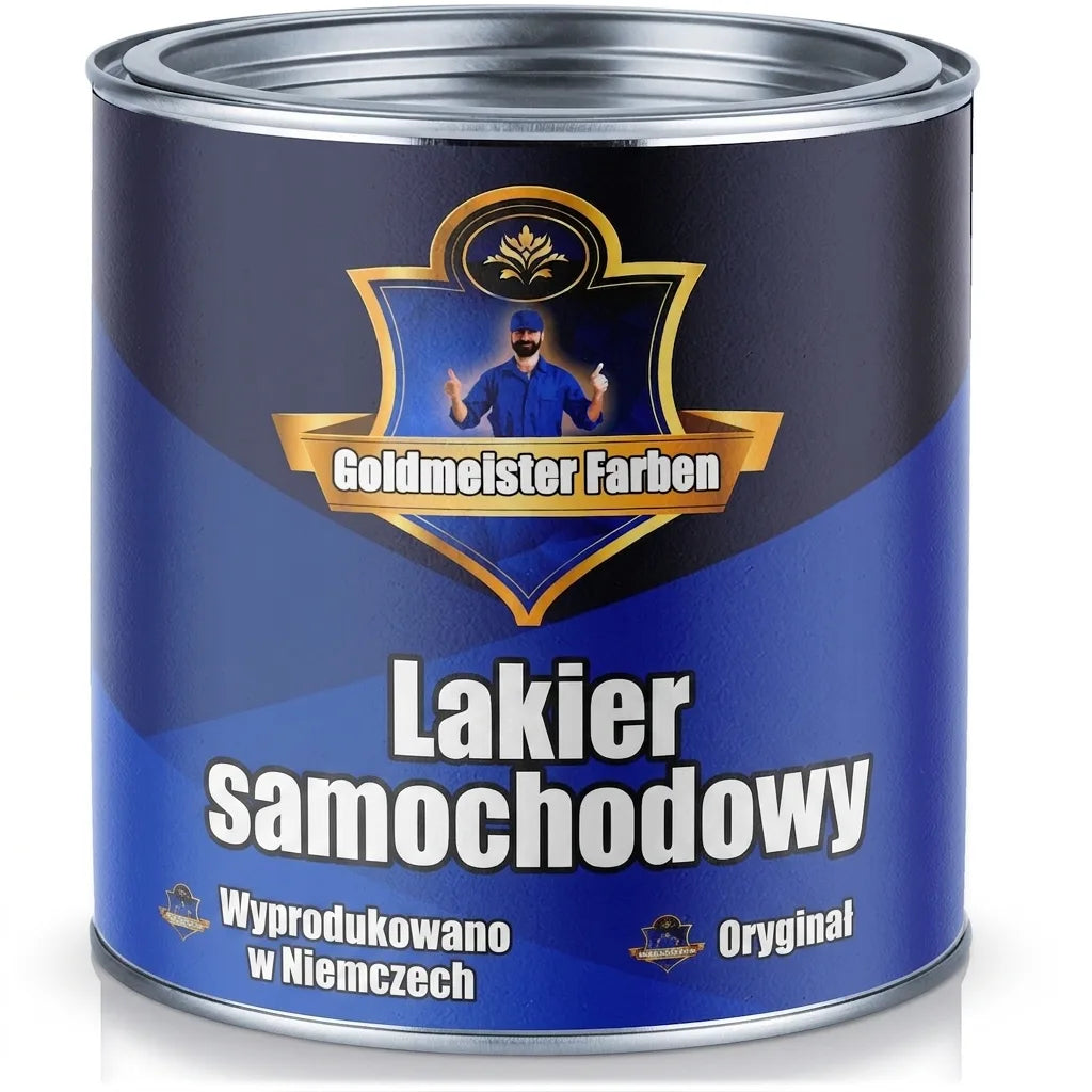 Niebieski lakier samochodowy Goldmeister Farben Autolack. Etykieta "Made in Germany Das Original".