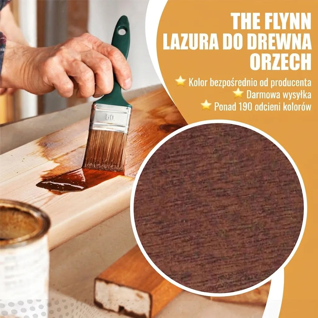 Ręka nakłada bejcę do drewna orzechowego The Flynn. Wyróżnione cechy produktu i kolory.