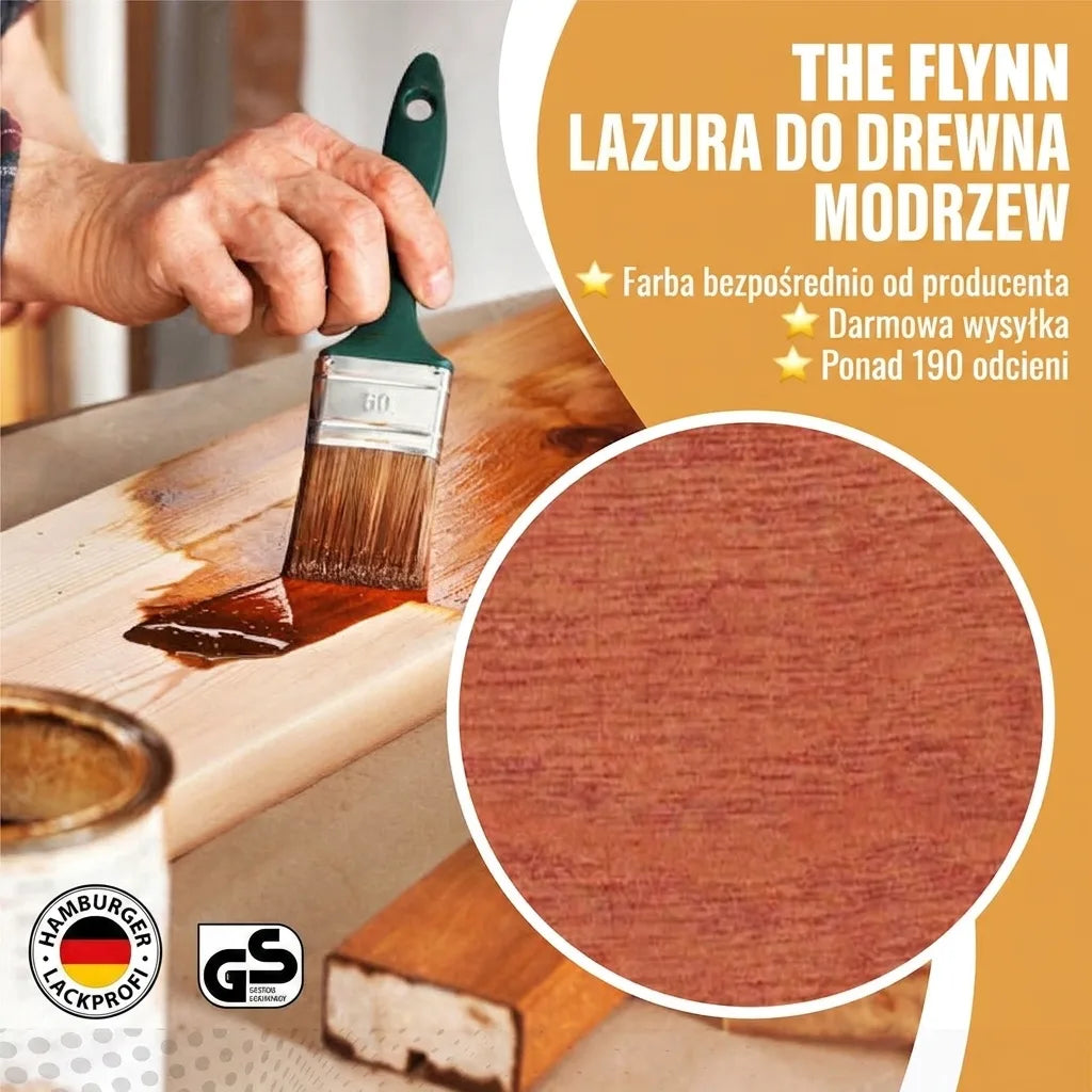 Reklama lazury do drewna Flynn Lärche. Mężczyzna nakłada lazurę pędzlem, próbka koloru i zalety produktu.