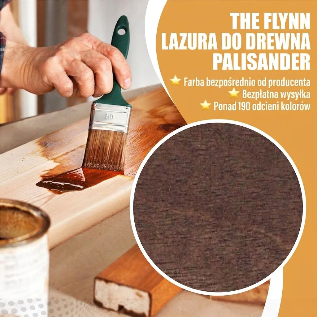 Lazura do drewna The Flynn Palisander. Ręka maluje deskę, obok puszka i wzornik koloru, informacja o wysyłce.