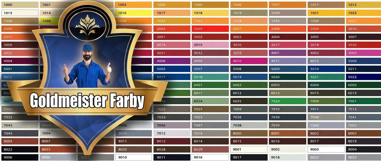 Wzornik kolorów Goldmeister Farben. Paleta barw z numerami, logo marki z uśmiechniętym mężczyzną w czapce.
