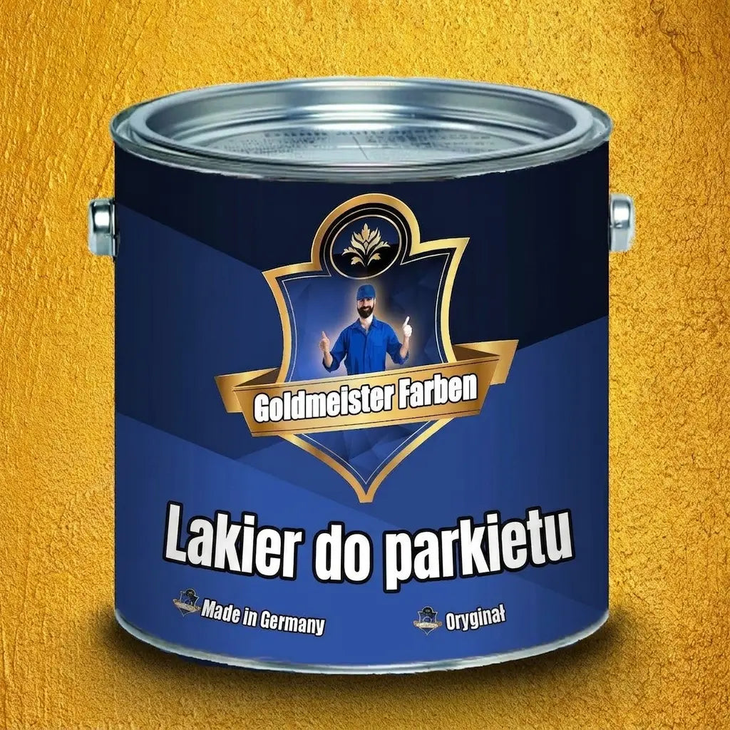 Niebieska puszka lakieru do parkietu Goldmeister Farben, Made in Germany, na złotym tle.
