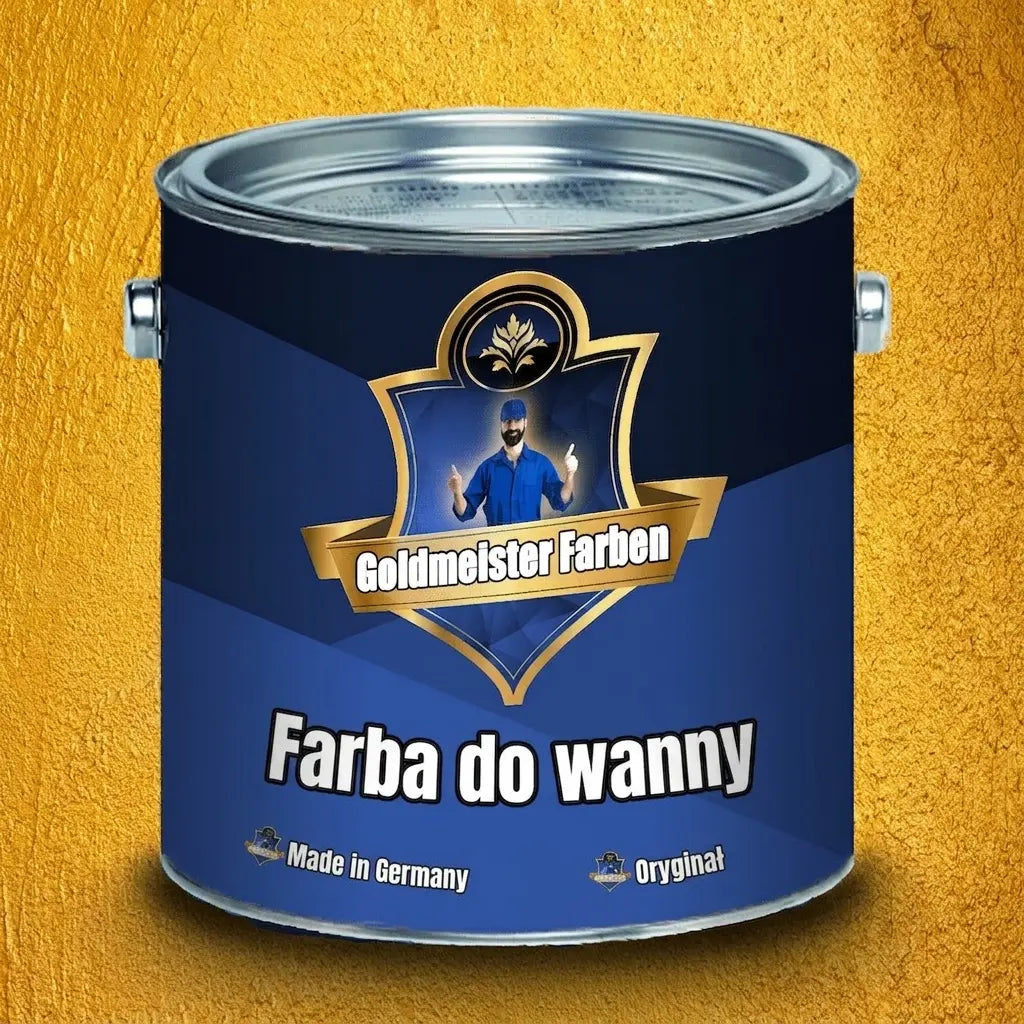 Puszka niebieskiej farby Goldmeister Farben Badewannenlack. Na etykiecie uśmiechnięty mężczyzna, napisy Made in Germany.