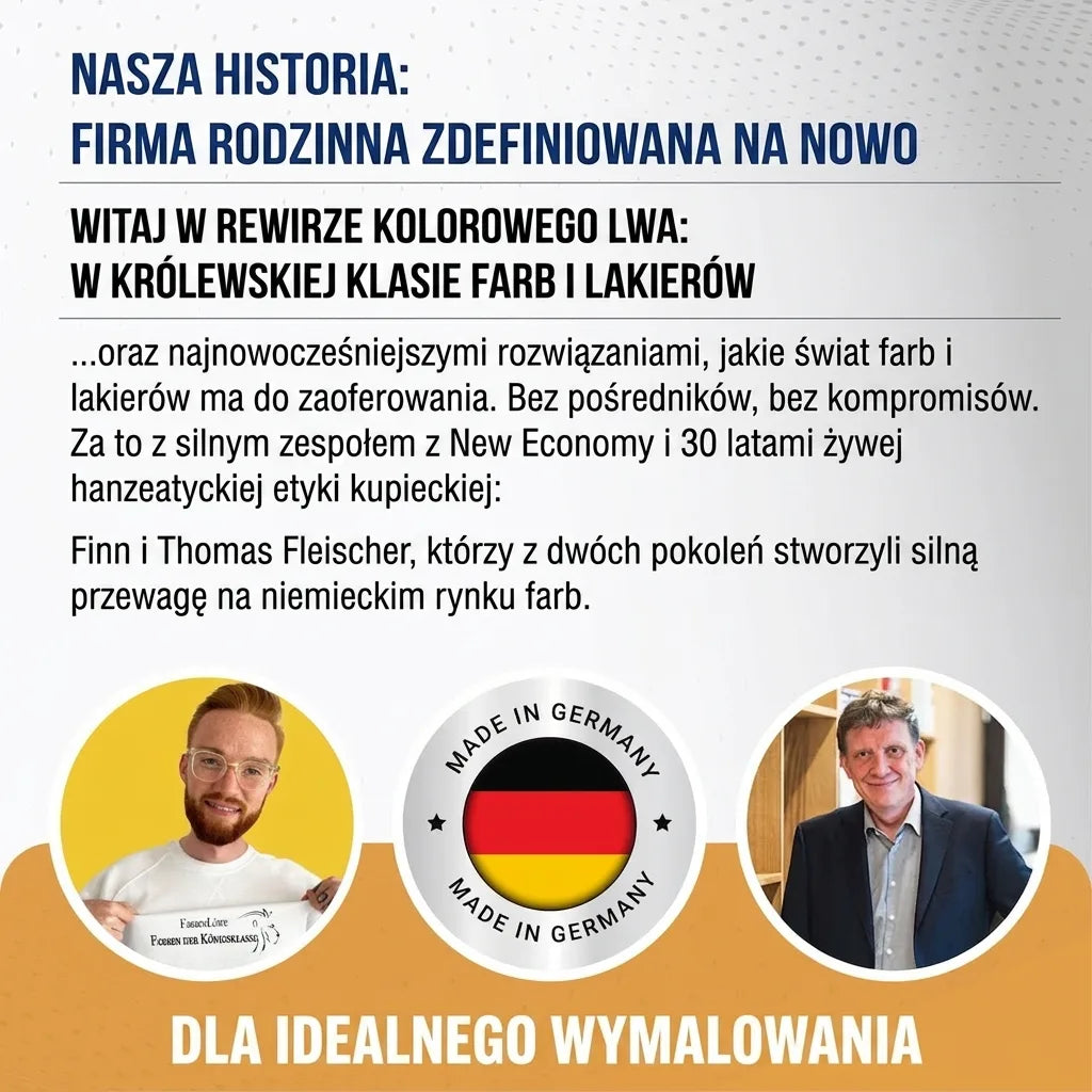 Niemiecka rodzinna firma Farbenlöwe redefiniuje rynek farb. Dwóch mężczyzn, tekst marketingowy i logo 'Made in Germany'.