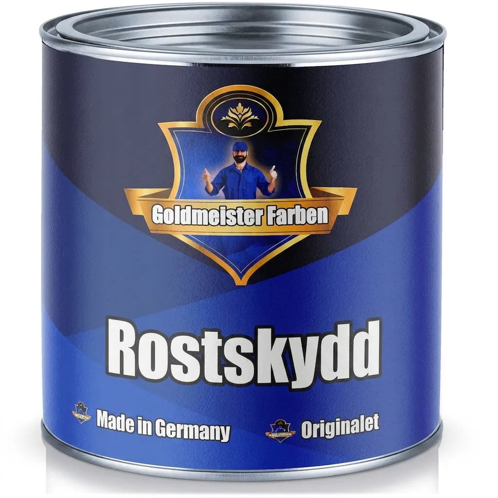 Blå färgburk Goldmeister Farben Rostschutz, med texten "Made in Germany" och "Das Original".
