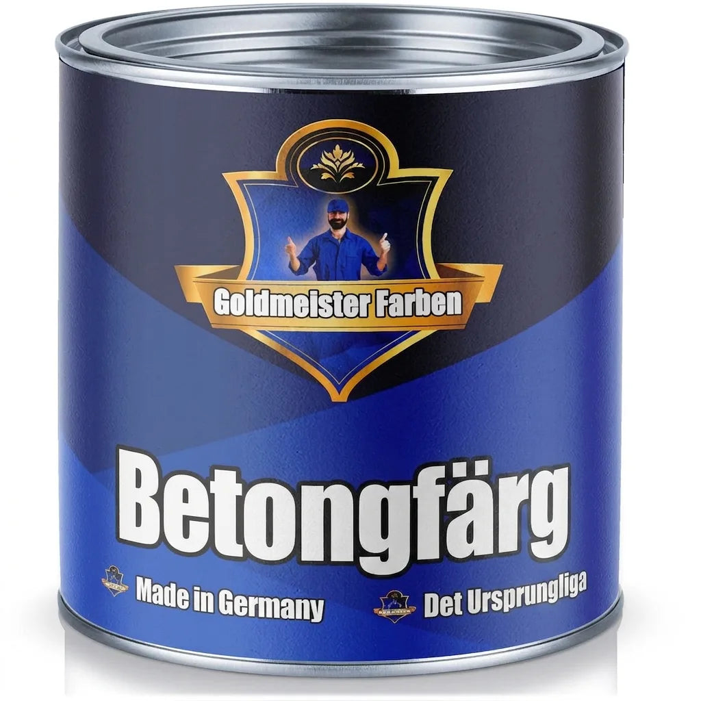 Blå Goldmeister Farben betongfärgburk. Made in Germany. Das Original. Logotyp med man ger tummen upp.