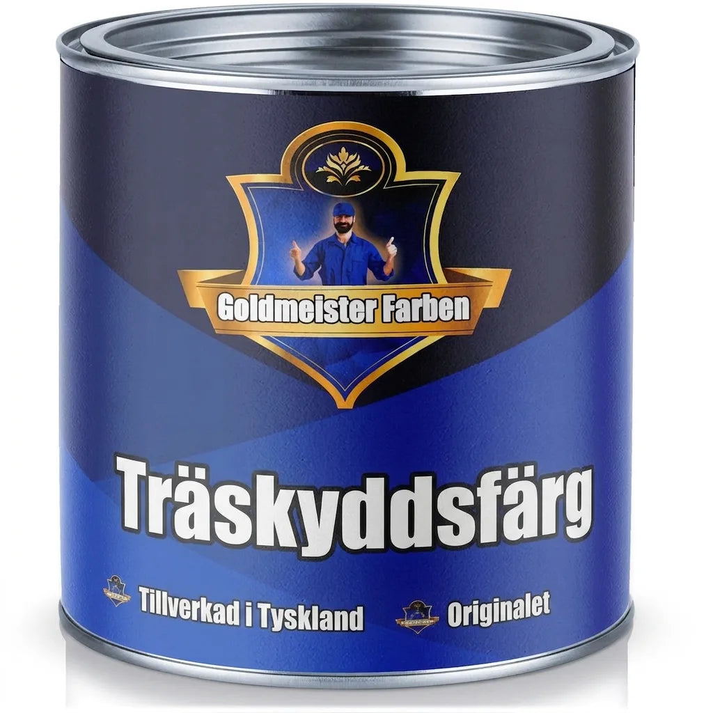 Mörkblå burk med Goldmeister Farben träskyddsfärg, Tillverkad i Tyskland. Original produkt.