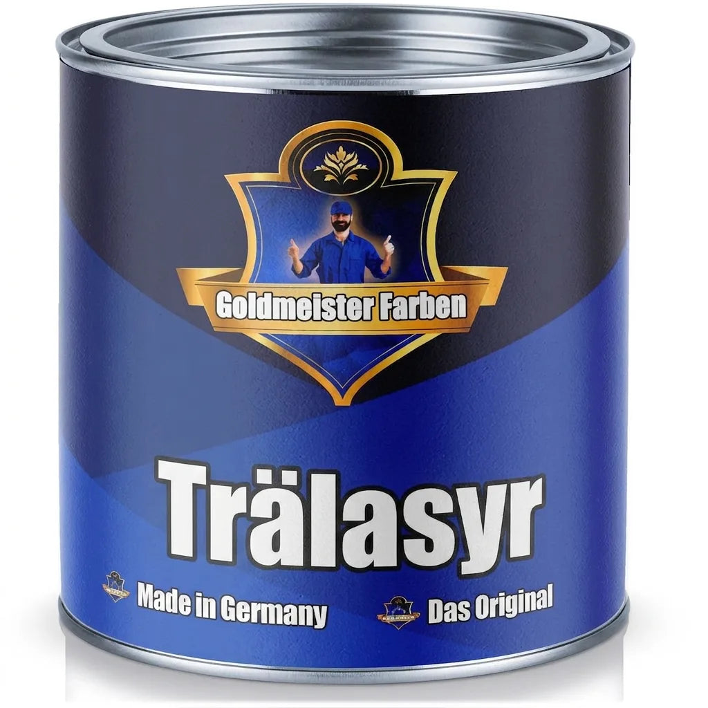 Blå Goldmeister Farben trälasyrfärgburk. Holzlasur tillverkad i Tyskland, Das Original.