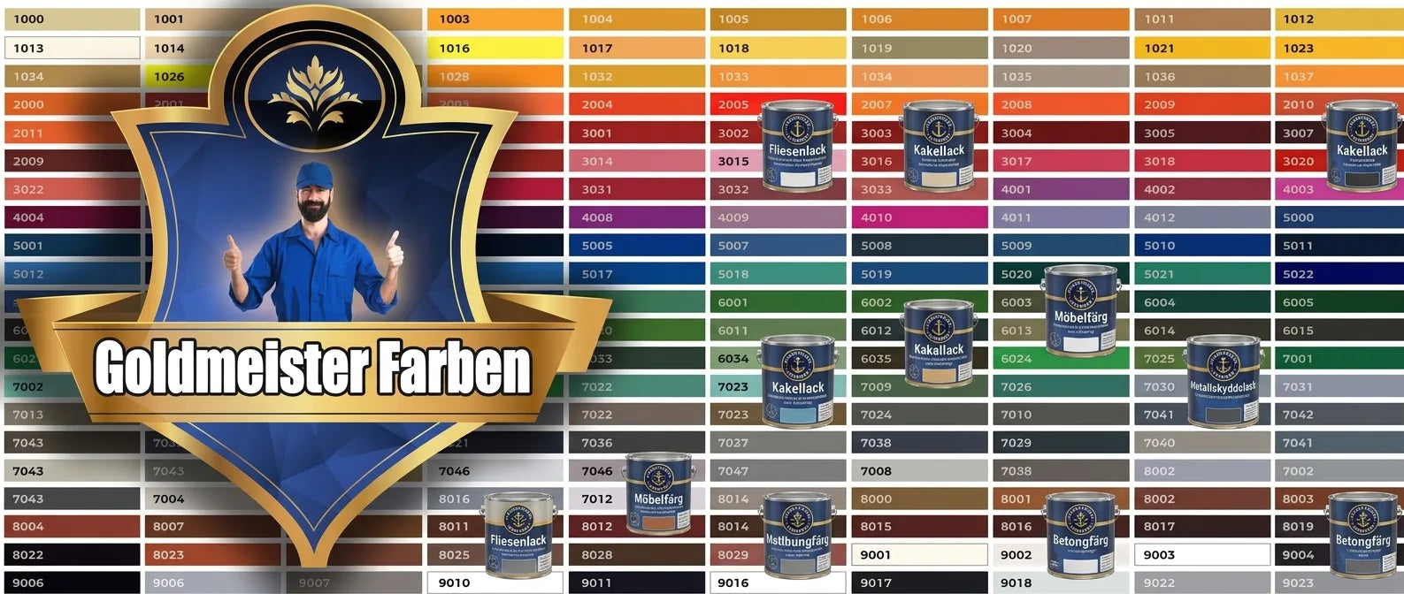 Goldmeister Farben färgkarta med RAL-koder, ett brett spektrum av färger i ett rutnät och en man som visar tummen upp.