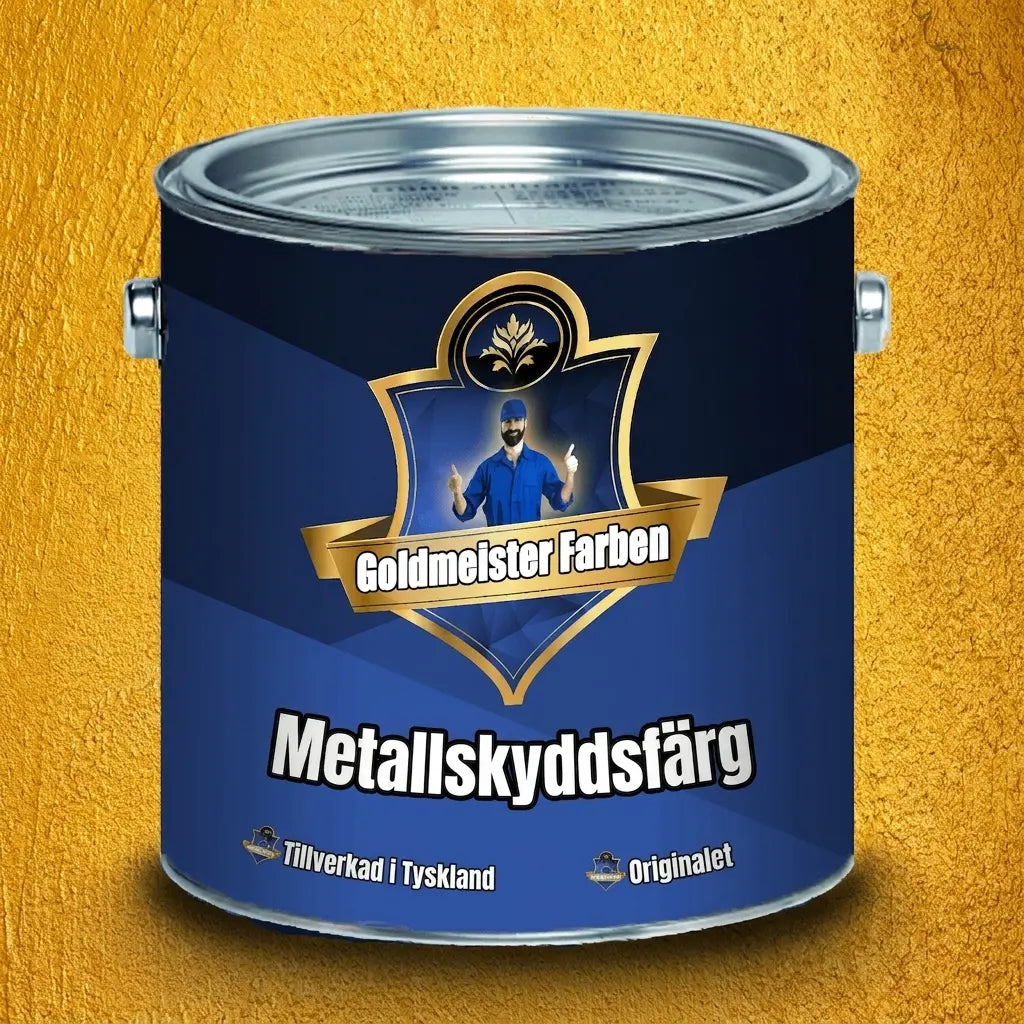 Mörkblå färgburk, Goldmeister Farben Metallschutzfarbe, Made in Germany, Das Original. Guldbakgrund.