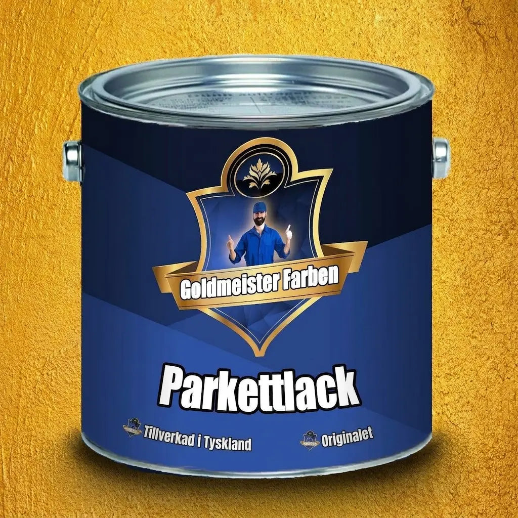 Blå färghink Goldmeister Farben Parkettlack med man som ger tummen upp, på texturerad guld bakgrund.