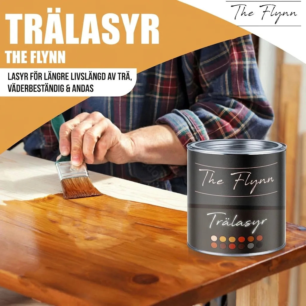 The Flynn trälasyr appliceras med pensel på trä. Väderbeständig och andningsaktiv för längre livslängd.