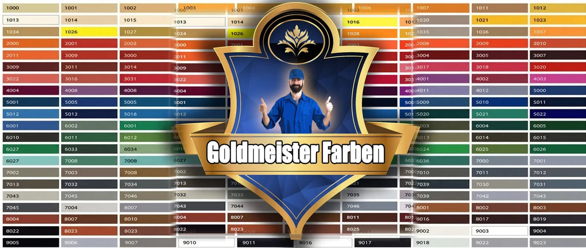 Goldmeister Farben färgkarta med hundratals numrerade färgprover i olika nyanser och logotyp med en hantverkare.