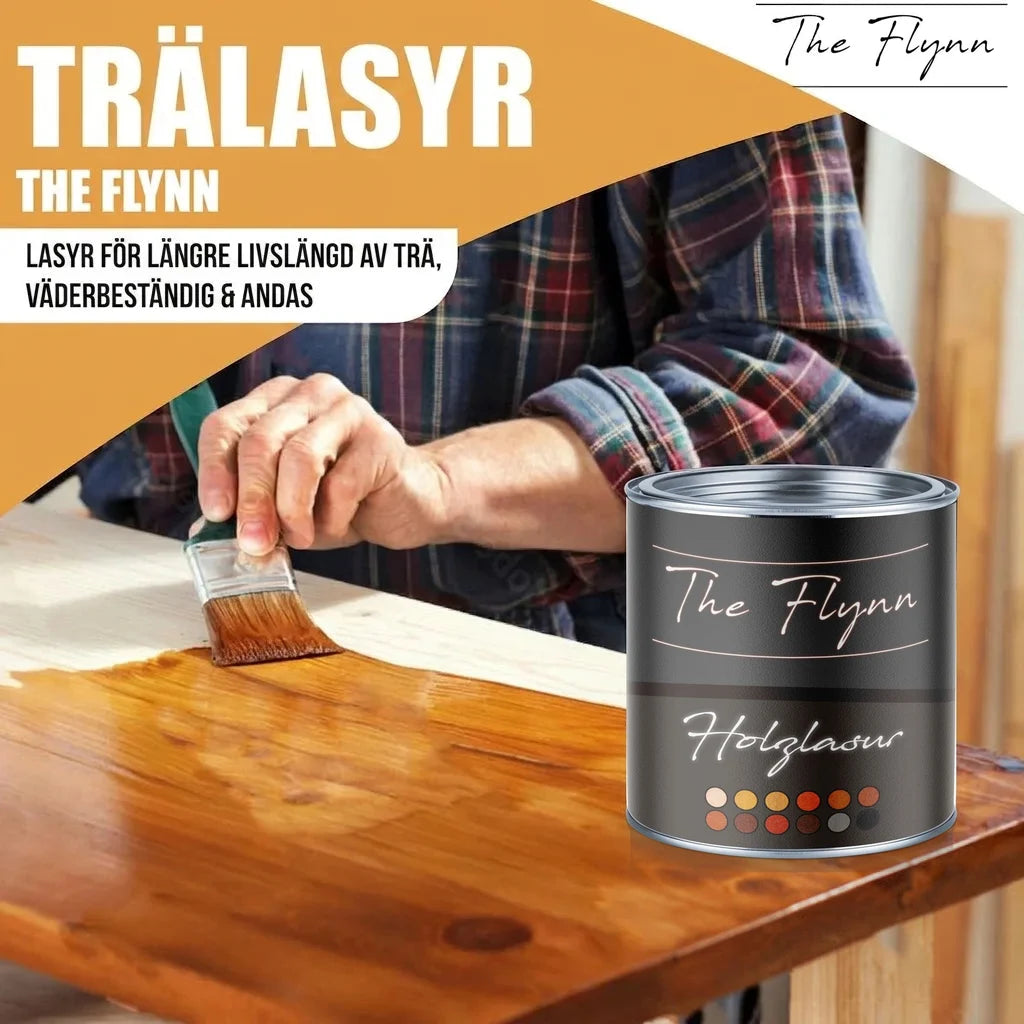 Trälasyr från The Flynn appliceras på trä. Burken visar "The Flynn" och "Holzglasur".