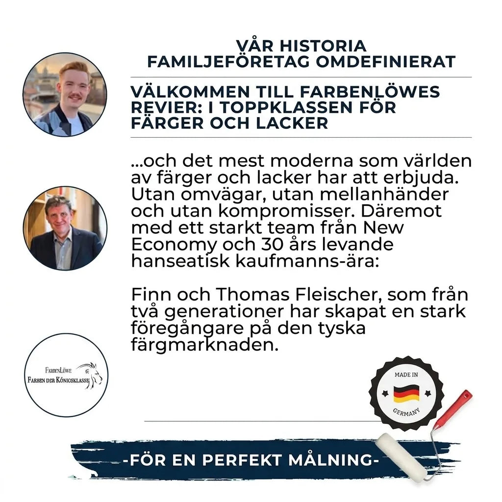 FarbenLöwe familjeföretags historia, målarfärg och lacker. Porträtt av grundare Finn & Thomas.