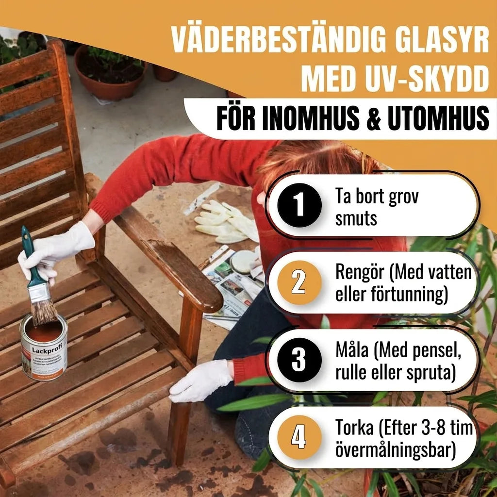 Person målar trästol med väderbeständig lasyr med UV-skydd. Inkluderar steg-för-steg instruktioner.