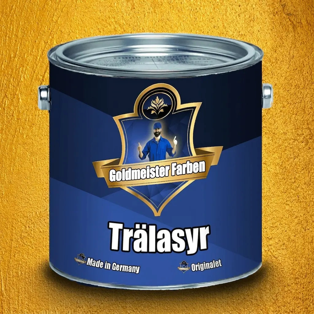 Blå färgburk med guldetikett för trälasyr från Goldmeister Farben. En man ger tummen upp på etiketten.