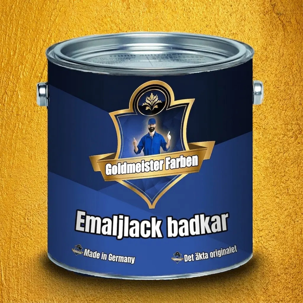 Blå målarburk med Goldmeister Badkarsfärg, guldetikett och texten "Made in Germany".