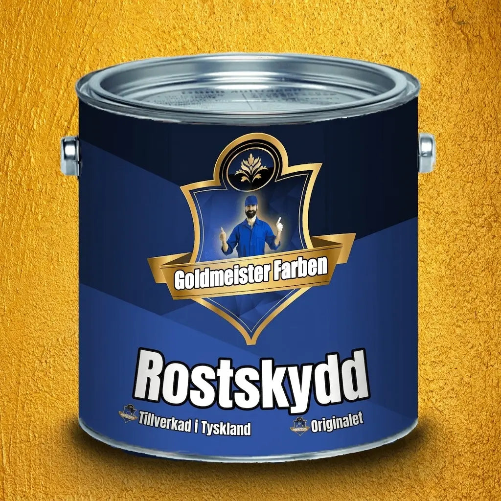 Blå färgburk Goldmeister Farben rostskyddsfärg. Etikett med man som ger tummen upp på gyllene bakgrund.