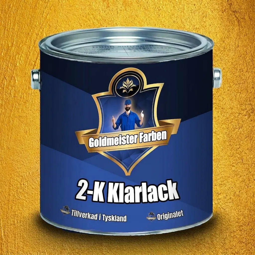 Blå färgburk Goldmeister Farben 2-K Klarlack. Etikett med man och texten Made in Germany, Das Original.